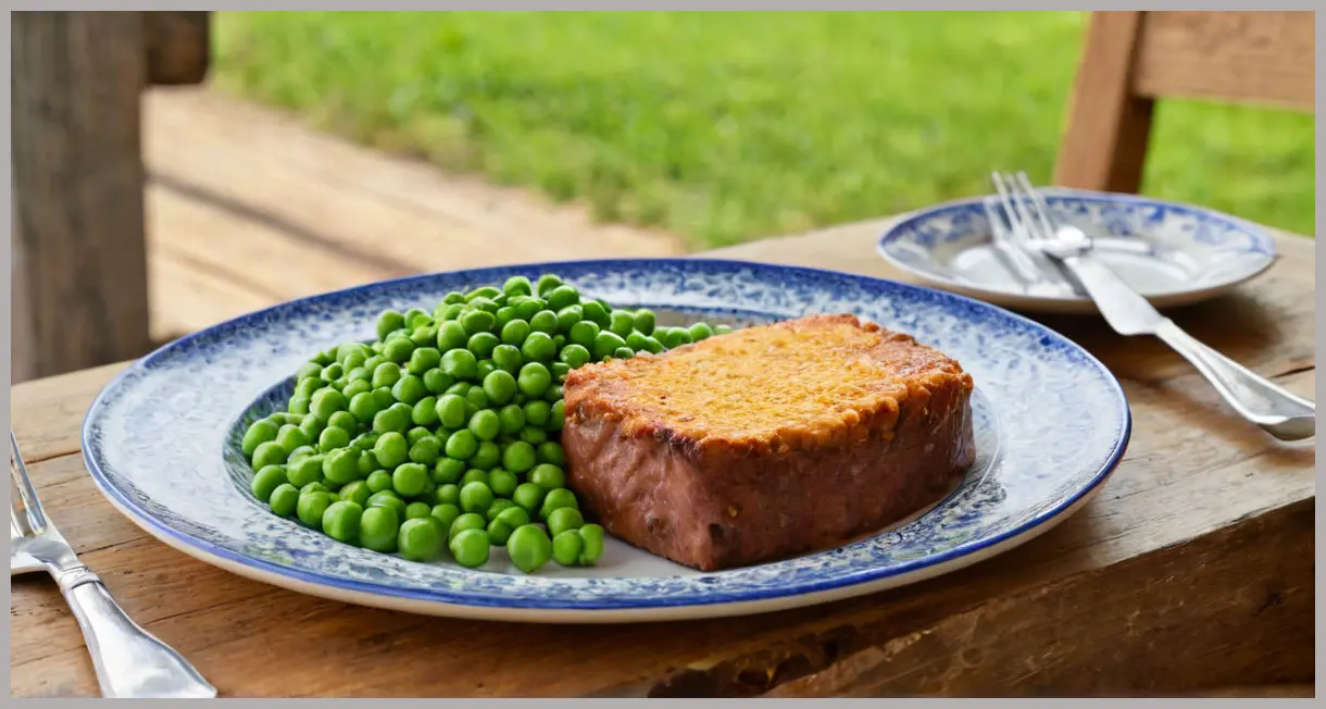 Veggie steak slice on vintage plate, golden hour glow, served with peas and chunky chips, rustic farmhouse table, warm and inviting.