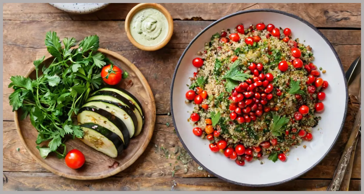 Overhead view of pomegranate-glazed aubergines and courgette tabbouleh on a rustic wooden table, bathed in soft daylight. Pomegranate-glazed aubergines and courgette tabbouleh