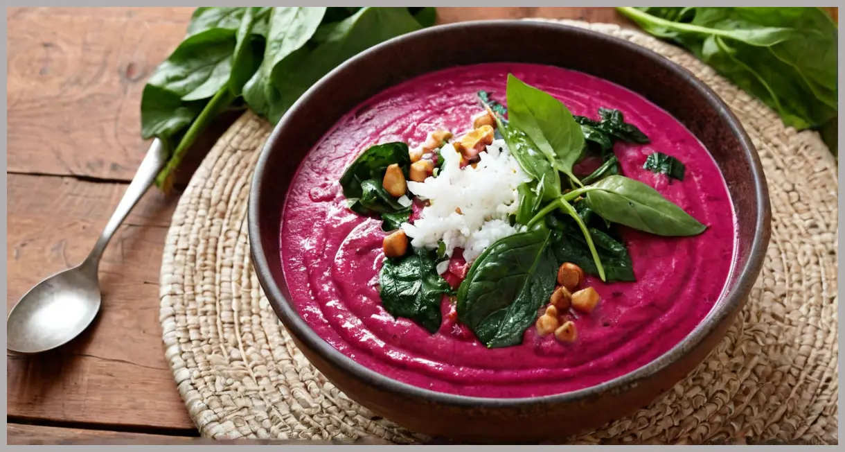 Overhead view of a beetroot, spinach and coconut curry in a clay bowl, garnished with coriander and lime, steam rising, warm lighting.