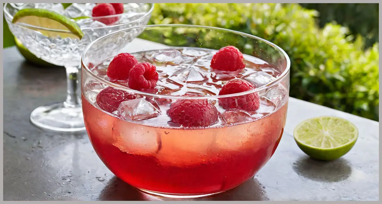 A photorealistic wide shot of The delicious. gin party punch in a crystal bowl, shimmering ruby-red with ice, lime, and raspberries, bathed in golden hour light.