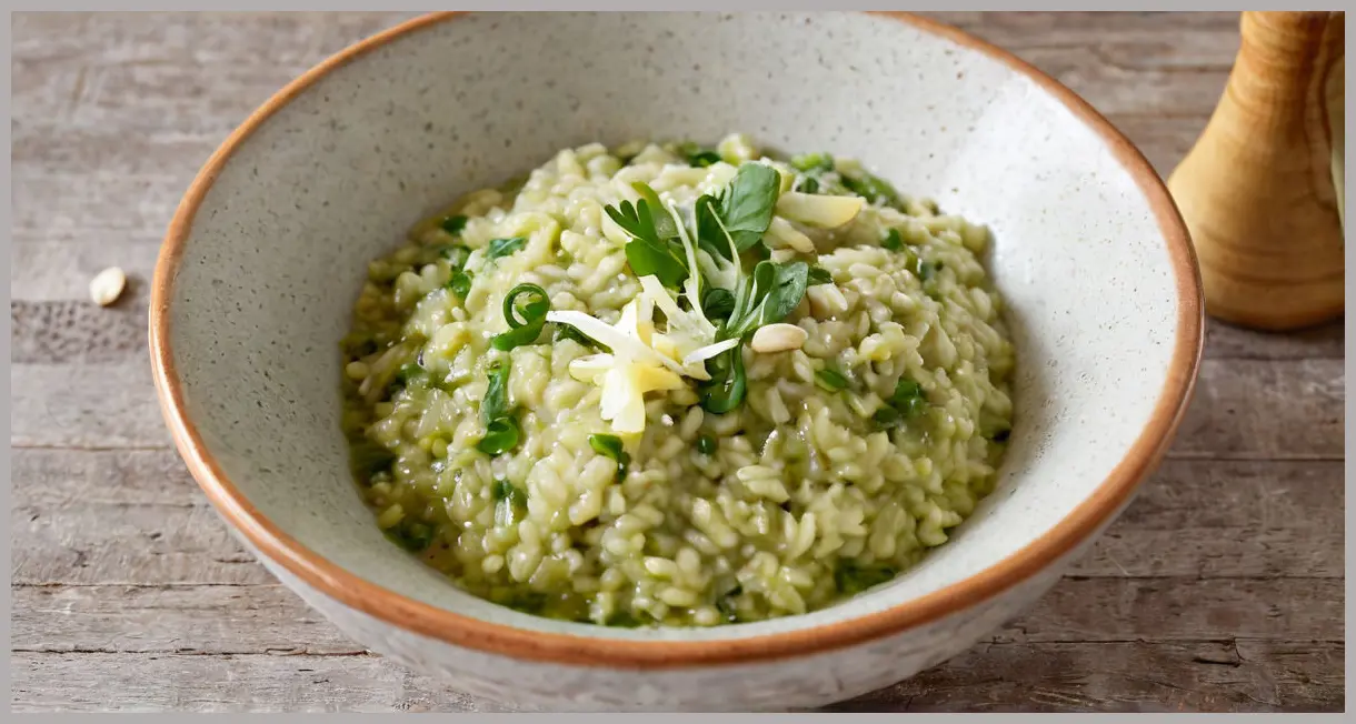 Overhead view of creamy leek and watercress risotto in a ceramic bowl, garnished with almonds. Warm lighting highlights the vibrant green swirls and texture. Leek and watercress risotto