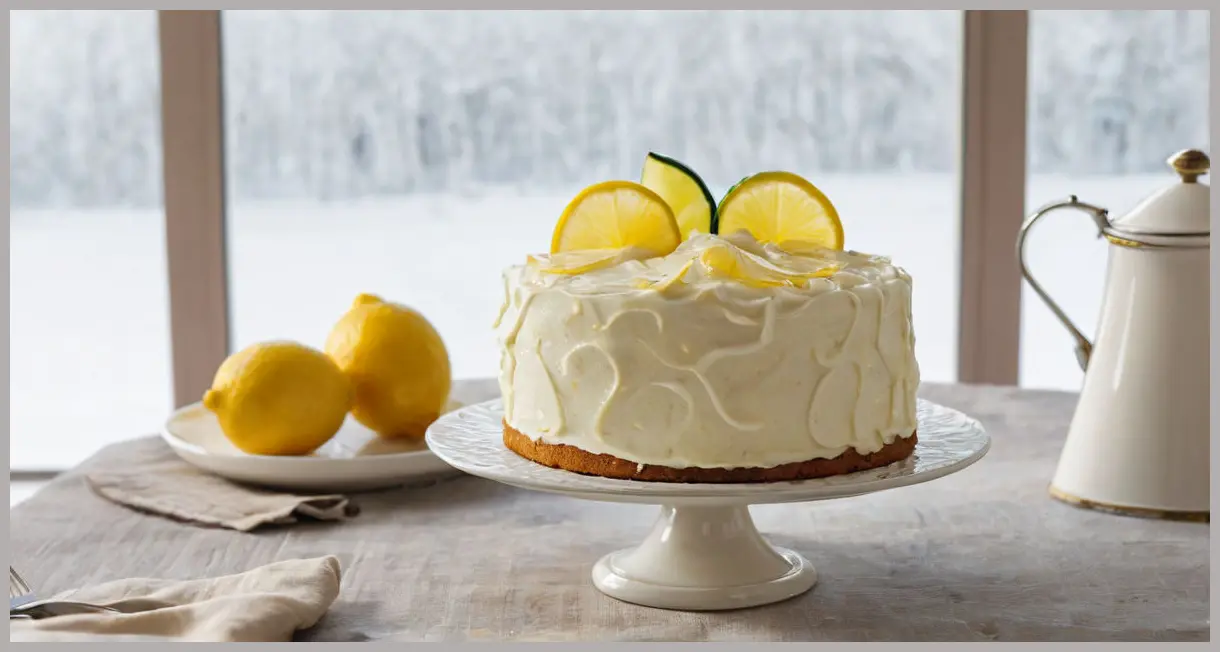 A lemon and courgette cake with white chocolate cream cheese frosting on a vintage cake stand, softly lit by natural window light with a tea set.