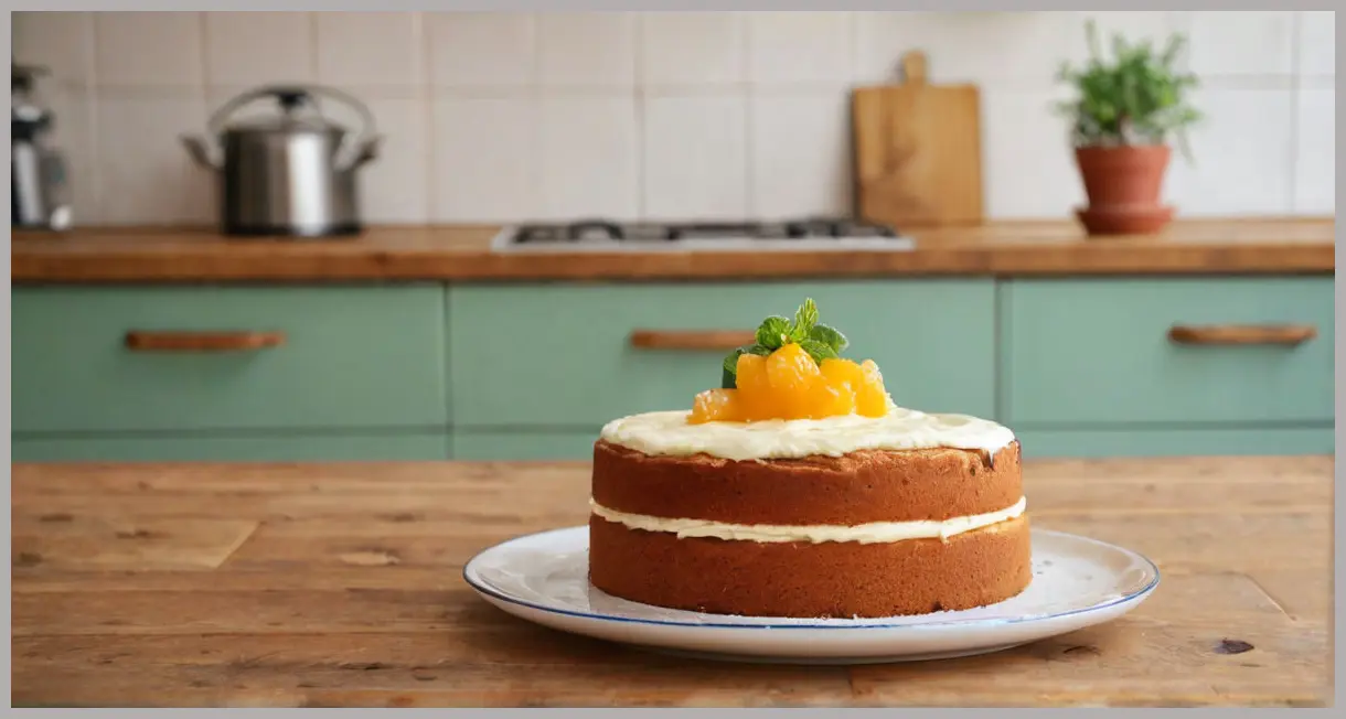 Classic sponge cake on vintage stand, passionfruit cream oozing, fresh garnish, soft kitchen lighting, warm wooden countertop backdrop.