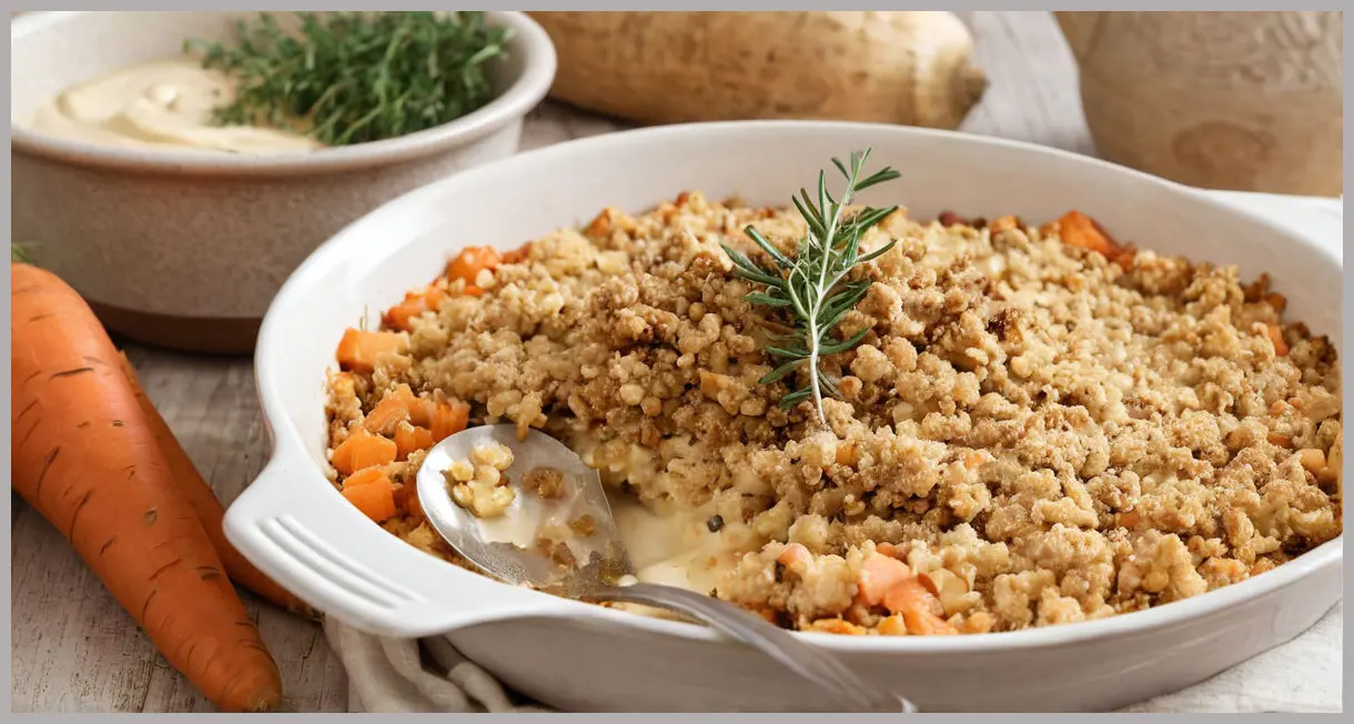 Shallow depth shot of confit parsnip and carrot crumble, fresh thyme garnish, golden topping, vintage brass spoon. Confit parsnip and carrot crumble