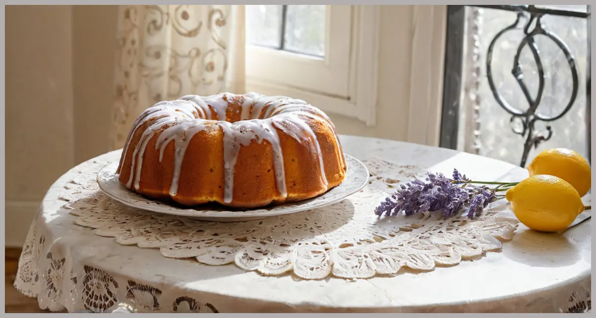 Wide shot of a bundt cake on lace with morning light, lemons, and lavender. Summer-cup bundt drizzle cake