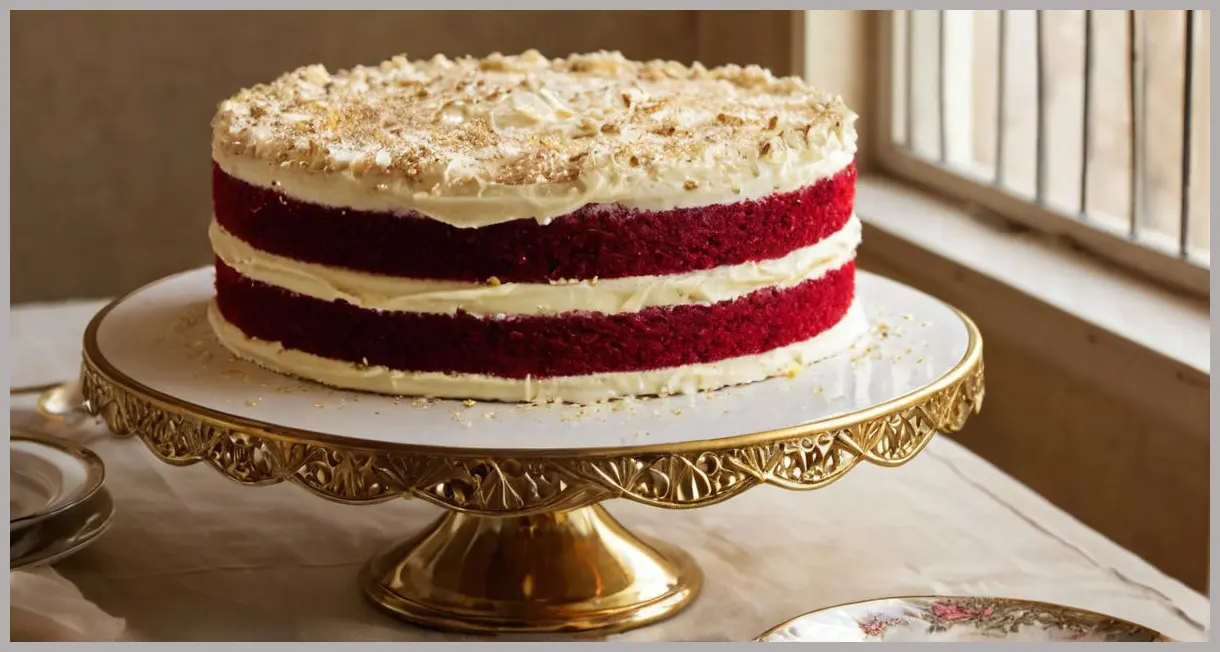 A six-layer Red Velvet Cake on a vintage stand, gold flakes, swirled frosting, soft backlit glow. Red velvet cake