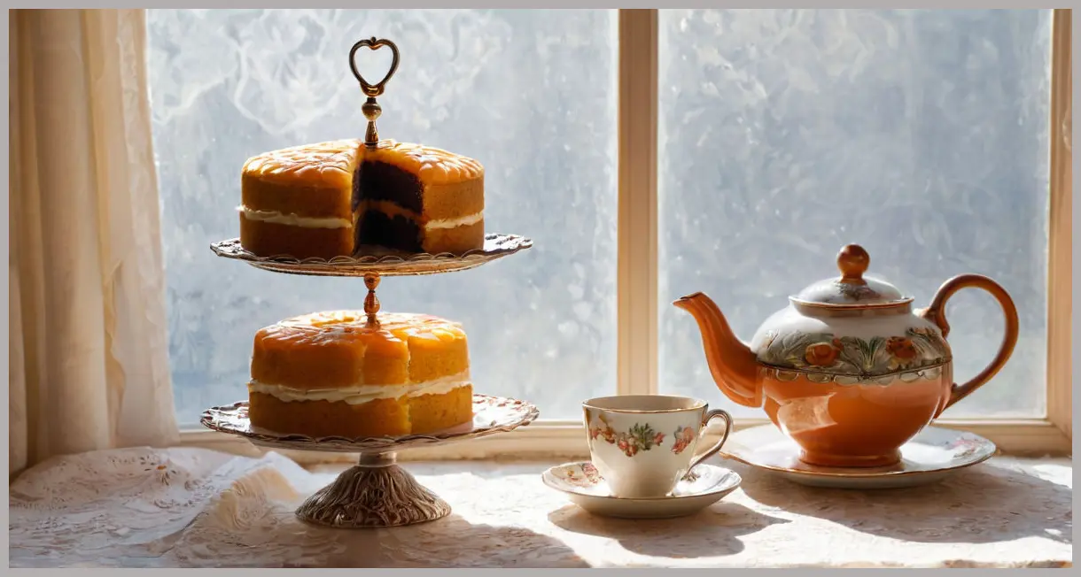 Wide shot of a Giant Jaffa Cake on vintage porcelain, morning sunlight through lace curtains, tea set and stained-glass-like jelly.