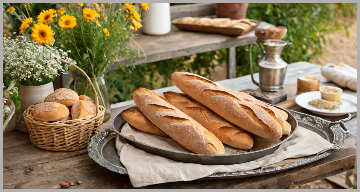 Golden hour shot of The Dusty Knuckle’s linseed baguettes on a vintage metal tray, surrounded by linseeds and flour, rustic outdoor setting.