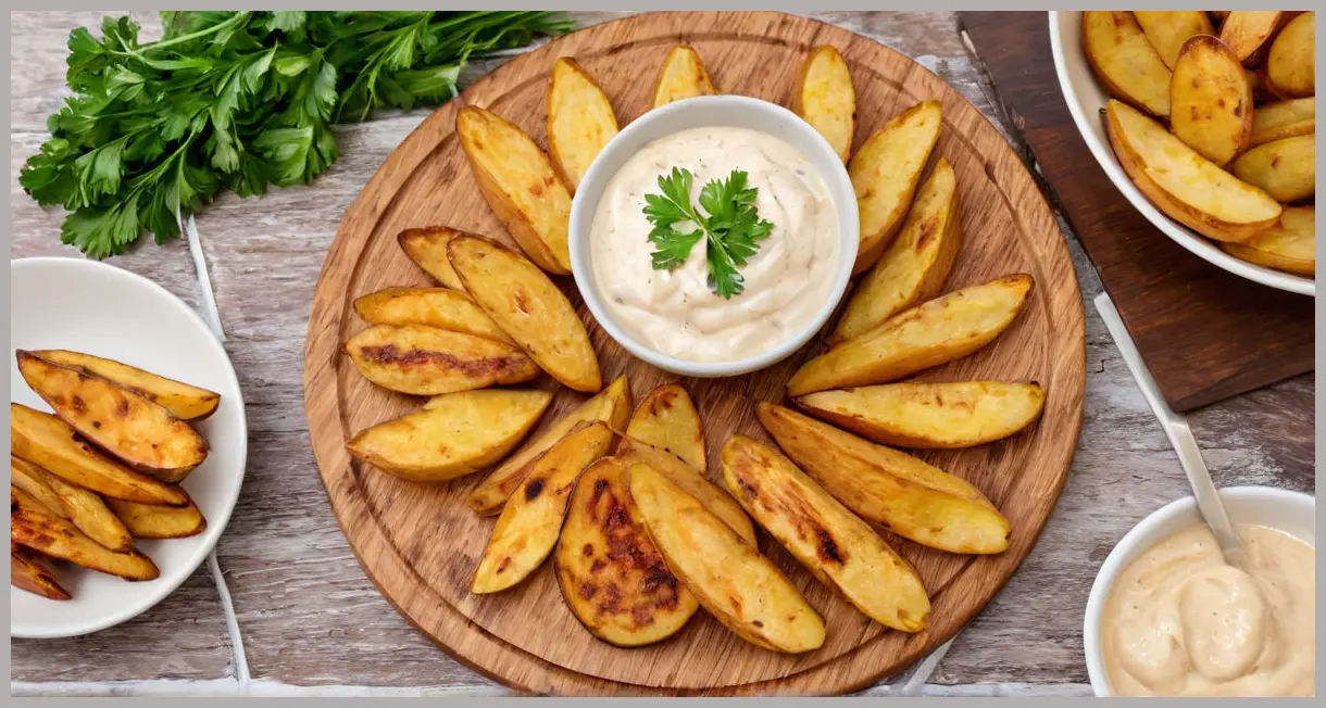 Overhead shot of potato wedges arranged in a circle around a dipping sauce on a wooden board, golden hour light, parsley garnish, and a blurred kitchen. Air fryer potato wedges