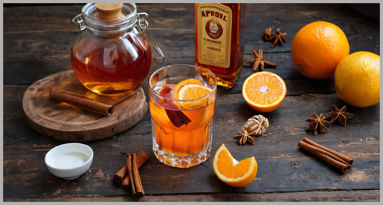 A photorealistic top-down view of Whisky Aperol hot toddy ingredients: whisky, Aperol, honey, oranges, and cinnamon sticks arranged on a dark wooden surface.