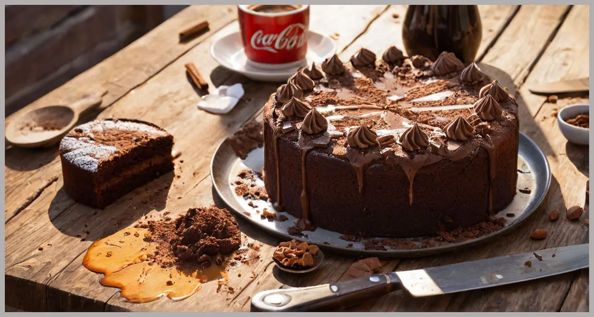 Overhead view of a whole Chocolate Cola Cake on rustic wood, surrounded by chocolate shards and a cola bottle cap.