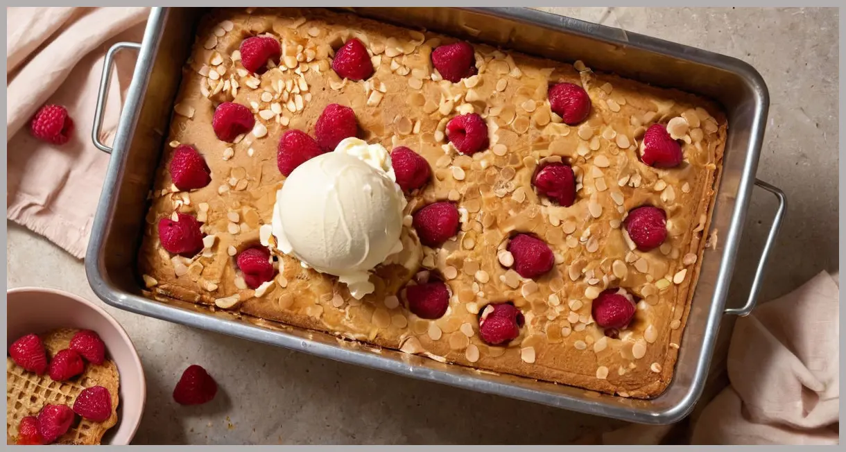 Toffee ice-cream cake in a loaf tin, overhead view, honeycomb and raspberries visible through cling film, warm golden lighting, cozy autumn vibes.
