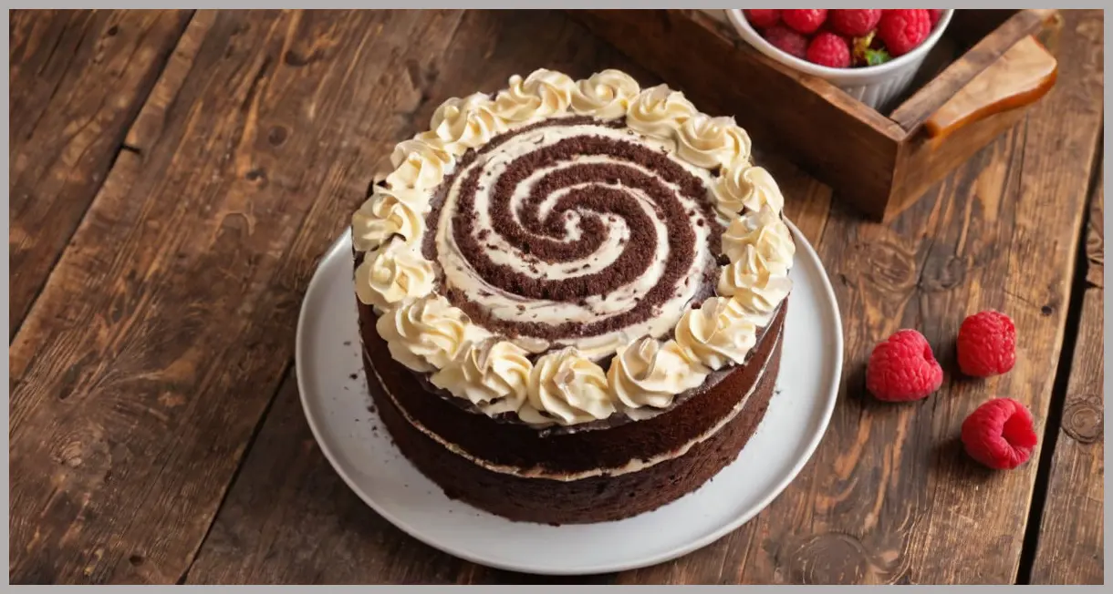 An overhead view of a whole vegan chocolate cake with ganache swirls and fresh raspberries in golden hour light. Vegan chocolate cake