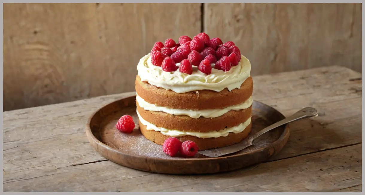 Overhead view of a whole vegan Victoria sponge cake on a wooden table, filled with lemon buttercream and raspberry jam.