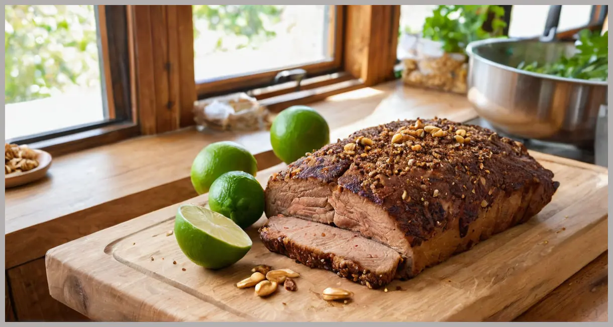 Whole spiced brisket with chilli, lime, peanut and coriander, golden crust, resting on a wooden board with lime wedges and fresh herbs.