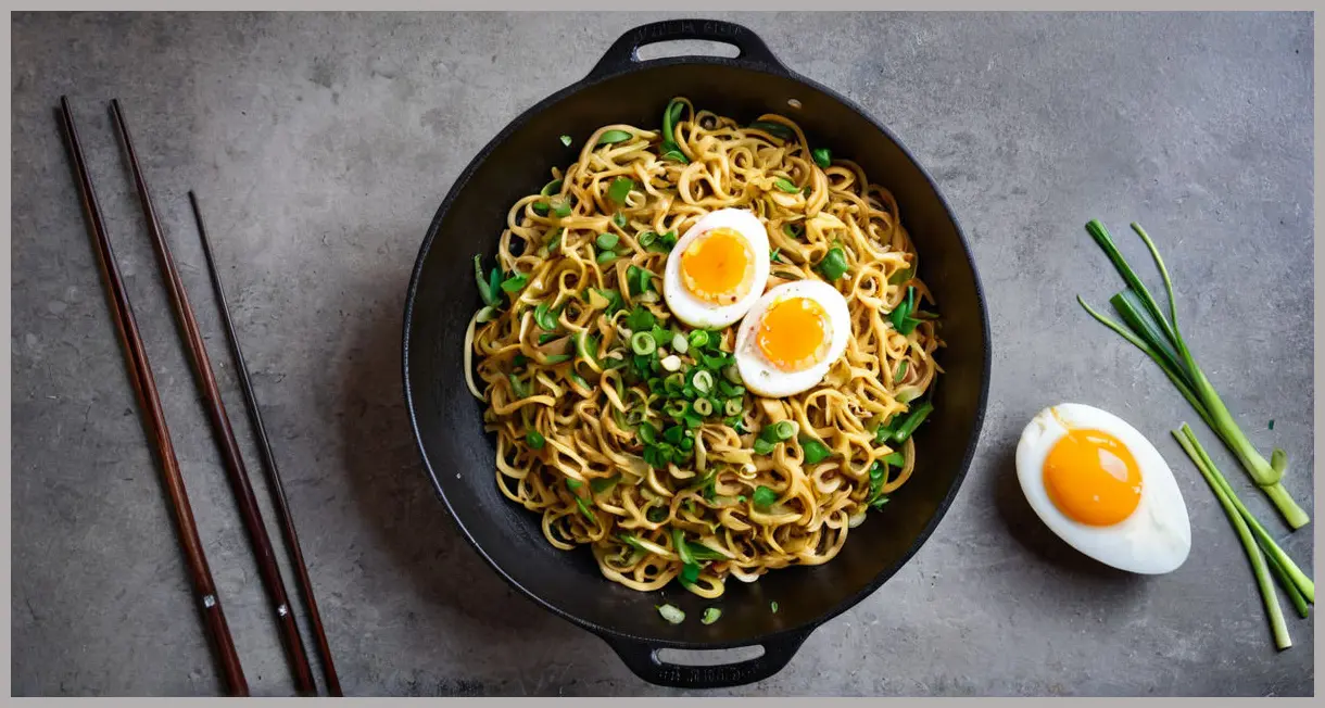Overhead view of speedy chow mein in a cast-iron wok, silky noodles with bean sprouts and spring onions, glossy sauce, steam rising. Five-spice chicken skewers with speedy chow mein