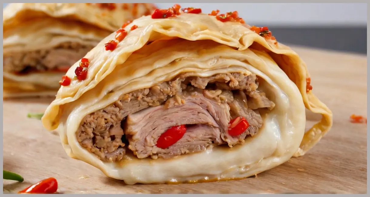 Halved poached wonton showing juicy pork filling and chilli-garlic sauce, captured in bright studio lighting for a detailed cross-section. Poached wontons in chilli-garlic sauce