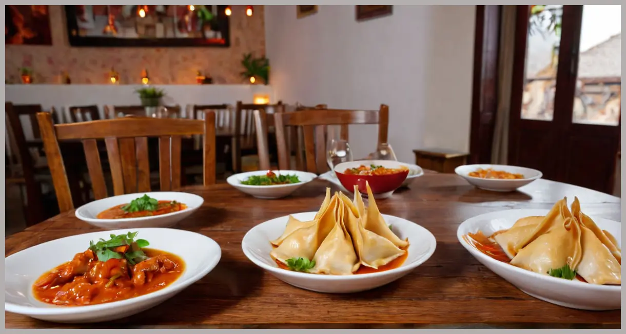 Poached wontons in chilli-garlic sauce served in bowls on a wooden table, with warm restaurant lighting and soft background bokeh. Poached wontons in chilli-garlic sauce