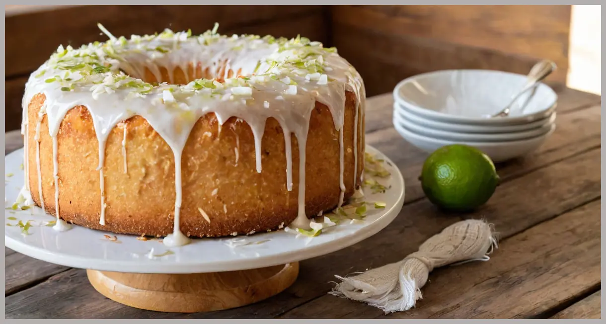 A close-up of a freshly baked Coconut and lime angel cake with golden crust, lime glaze, and coconut flakes, bathed in warm afternoon light.