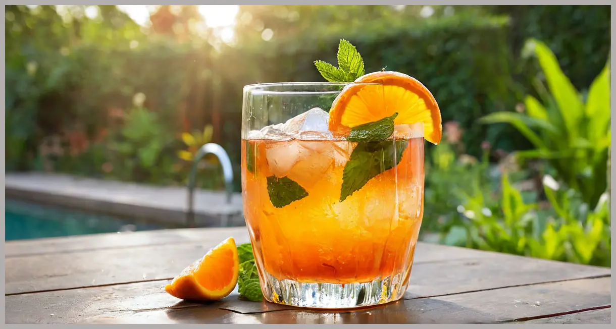 A large wine glass of Pimm’s fizz cocktail, garnished with an orange slice and mint, sparkling under soft golden hour light.