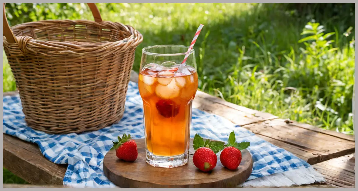 A glass of Pimm’s fizz cocktail on a rustic wooden picnic table, with dappled sunlight filtering through leaves and vibrant garnishes.