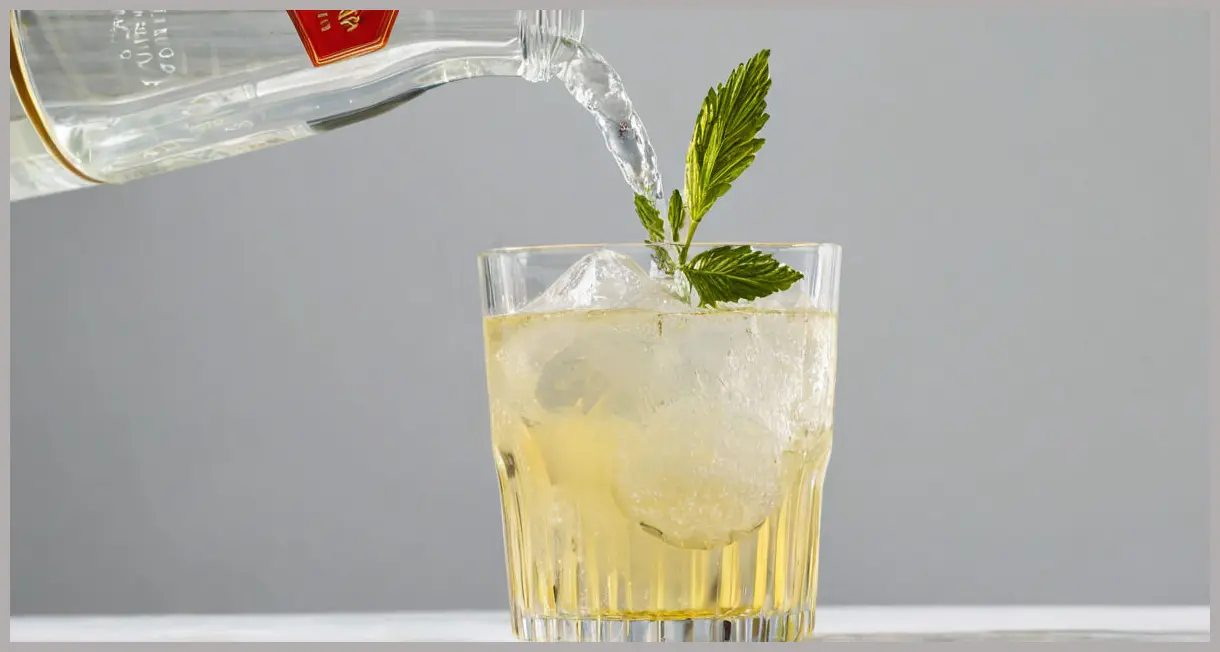 An Elderflower gin and tonic being prepared, with elderflower tonic water pouring into a highball glass with gin, liqueur, and ice, showing effervescence.