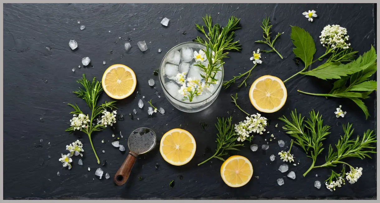 An artistic arrangement of Elderflower gin and tonic components including juniper berries, elderflower blossoms, lemon slices, and mint leaves on dark slate.