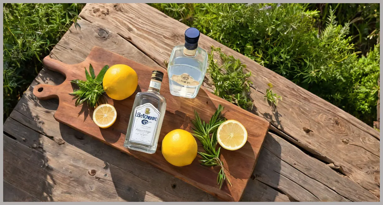 An artfully arranged still life of Elderflower gin and tonic ingredients, including gin, elderflower liqueur, tonic, mint, and lemon, under golden hour light.