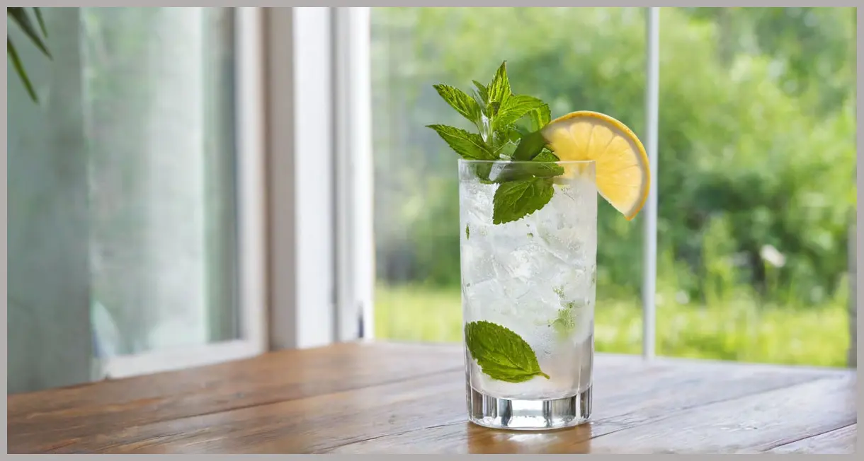 An Elderflower gin and tonic in a highball glass, garnished with fresh mint and a lemon twist, on a light wooden table with blurred green foliage.
