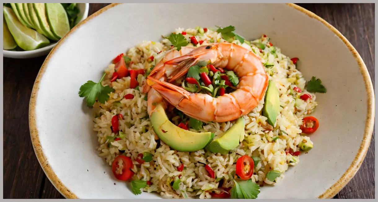 Top-down view of vibrant prawn rice topped with creamy avocado salsa, golden lighting, scattered chilli flakes, and fresh coriander. Mexican-style prawn rice with avocado salsa