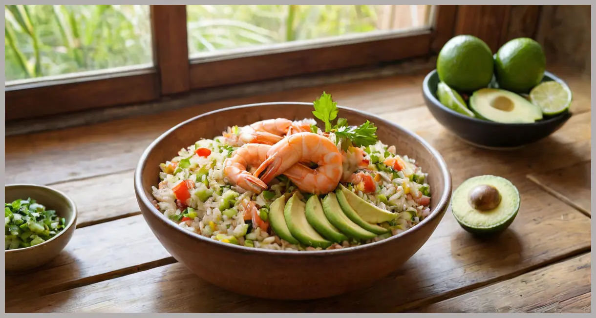 Wide-angle view of prawn rice on a wooden table, golden hour glow, lime wedges, and ceramic bowl. Mexican-style prawn rice with avocado salsa