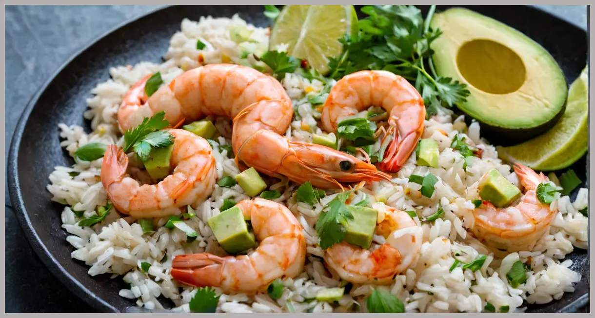 Dynamic dutch angle of prawn rice spilling from a skillet, cool lighting, avocado in motion. Mexican-style prawn rice with avocado salsa
