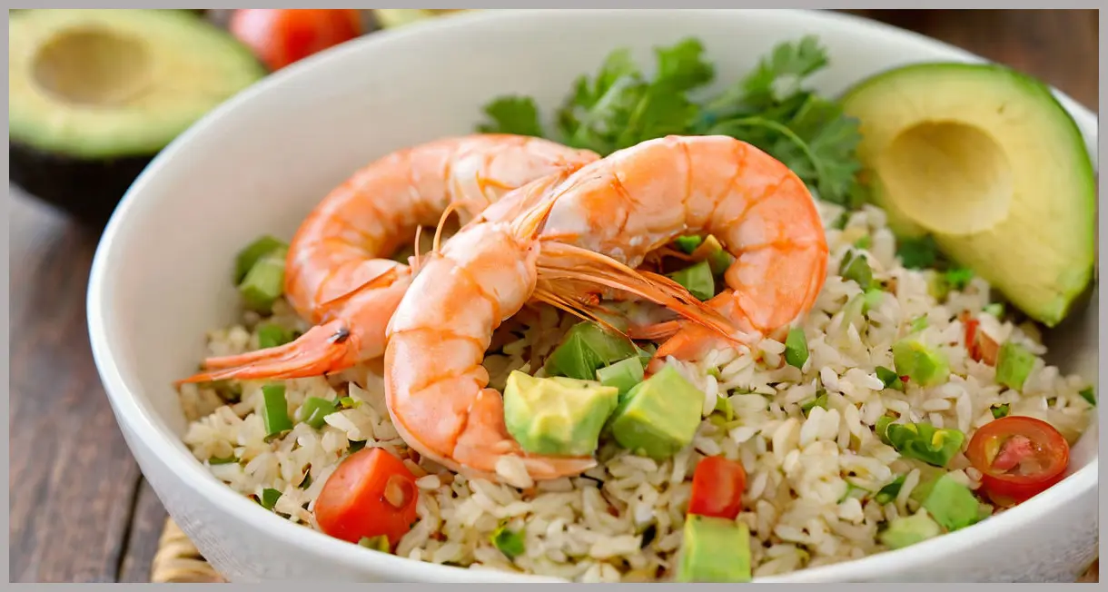 Extreme close-up of a rice grain and prawn, backlit golden glow, avocado bokeh. Mexican-style prawn rice with avocado salsa