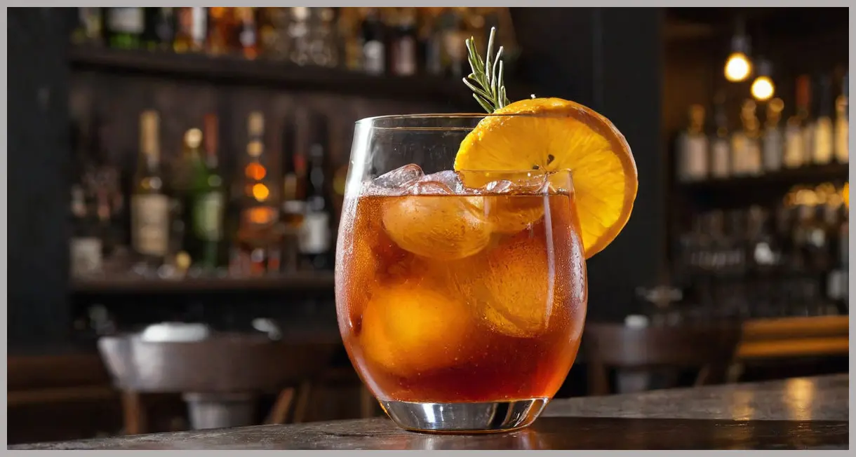 A close-up of an Orchard Spritz Cocktail in a heavy-based wine glass, featuring amber Calvados, rich apple and plum cordial, and effervescent bubbles, garnished with orange peel and thyme, under dramatic low-key lighting.