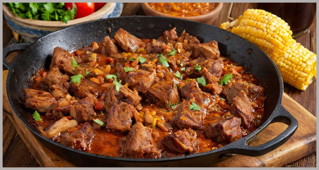 Close-up of Mexican-style pork carnitas sizzling in a skillet, caramelized and glistening under soft golden light, crispy edges in focus.