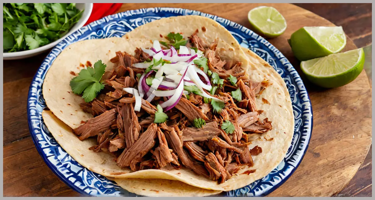Overhead view of Mexican-style pork carnitas on a ceramic platter, surrounded by lime, cilantro, onions, and tortillas in bright daylight.