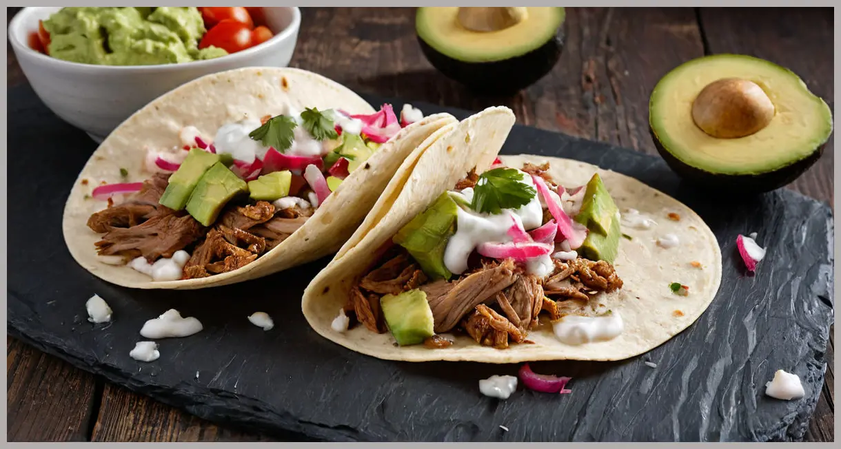 Wide-angle shot of Mexican-style pork carnitas tacos on a dark slate board, drizzled with avocado sauce, low-key lighting for dramatic effect.