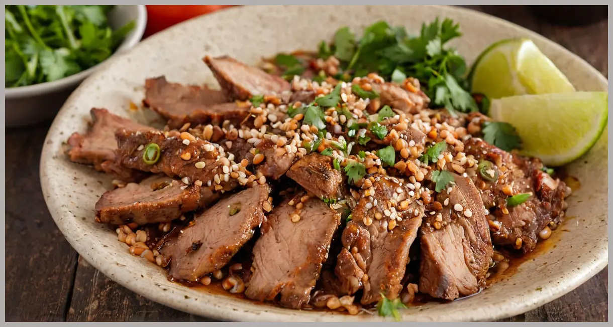 Macro shot of Mexican-style pork carnitas garnished with sesame and cilantro, glistening under soft backlight, ultra-shallow focus.