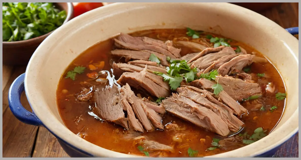 Side profile of Mexican-style pork carnitas slow-cooking in morning sunlight, broth glistening with herbs and spices, warm and inviting.