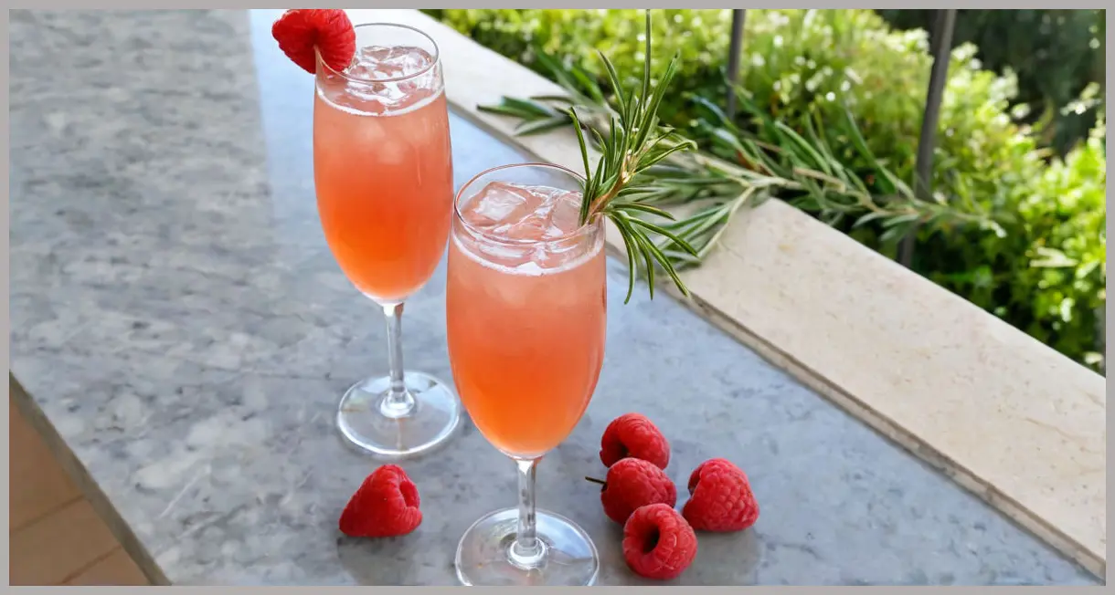 A vibrant Rosé Orchard Spritz Cocktail in a tall champagne flute, sparkling with red hues from blackcurrant cordial, garnished with rosemary and raspberries on a marble countertop under bright daylight.