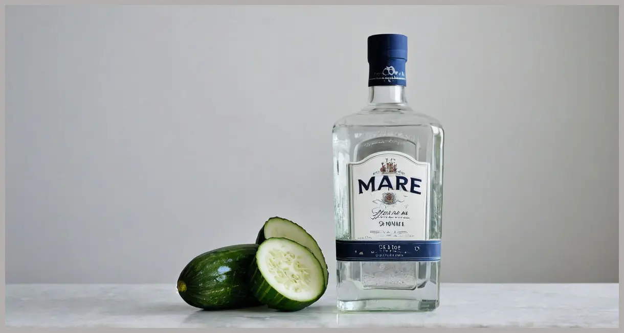 A hero shot of a Gin Mare bottle, a precisely sliced fresh cucumber, and a sprig of thyme, showcasing key ingredients for a Cucumber cooler cocktail, under soft diffused light.