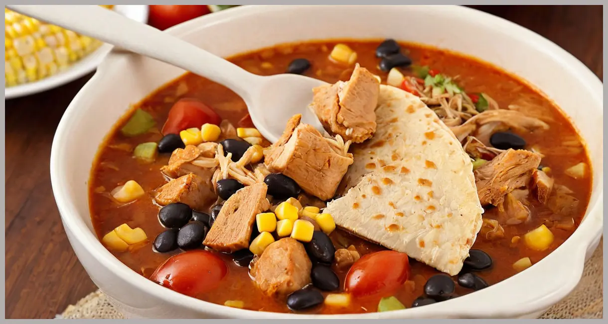Close-up of a wooden spoon lifting thick Mexican chicken and tortilla stew, showcasing chunky beans, corn, and shredded chicken in glossy broth.