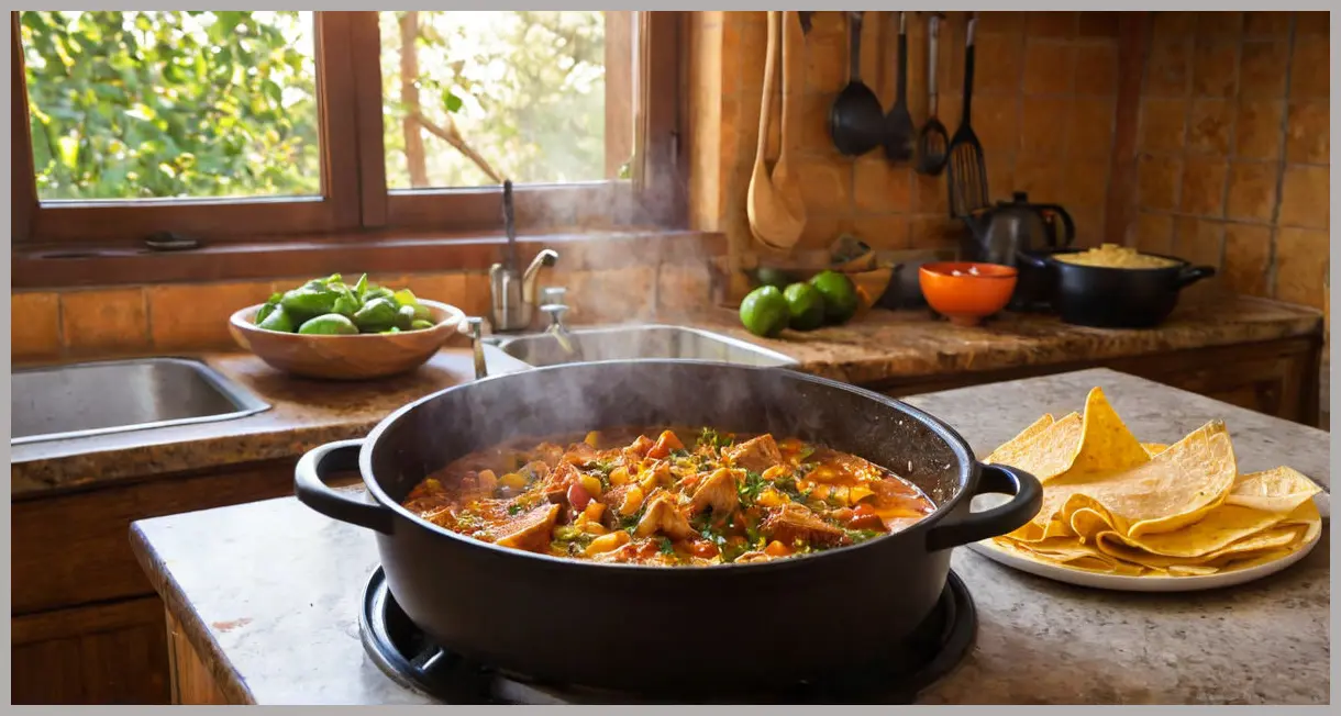 Wide-angle of a cast-iron pot simmering Mexican chicken and tortilla stew in a sunlit kitchen, steam rising, with lime, coriander, and tortilla chips nearby.