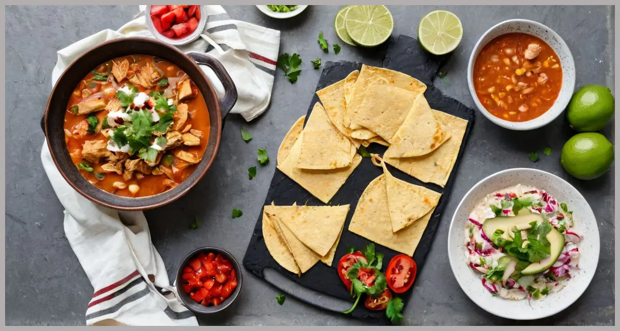 Overhead flat lay of a slate board with Mexican chicken and tortilla stew, surrounded by ramekins of soured cream, radishes, chips, and lime wedges.