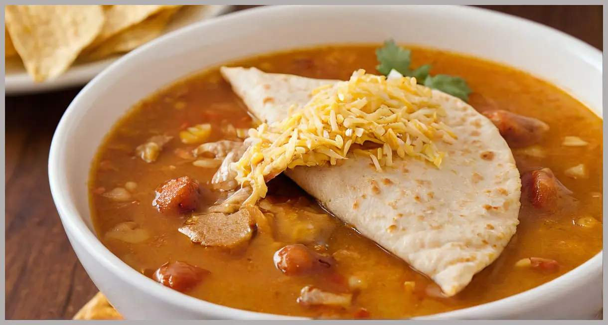 Macro shot of a tortilla chip dipped in Mexican chicken and tortilla stew, golden broth dripping slowly, revealing crispy and tender textures.