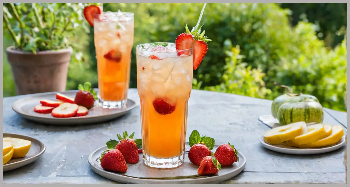 A tall highball glass of Pimm’s fizz cocktail, abundantly garnished with cucumber, strawberries, apple slices, and mint, in bright daylight.