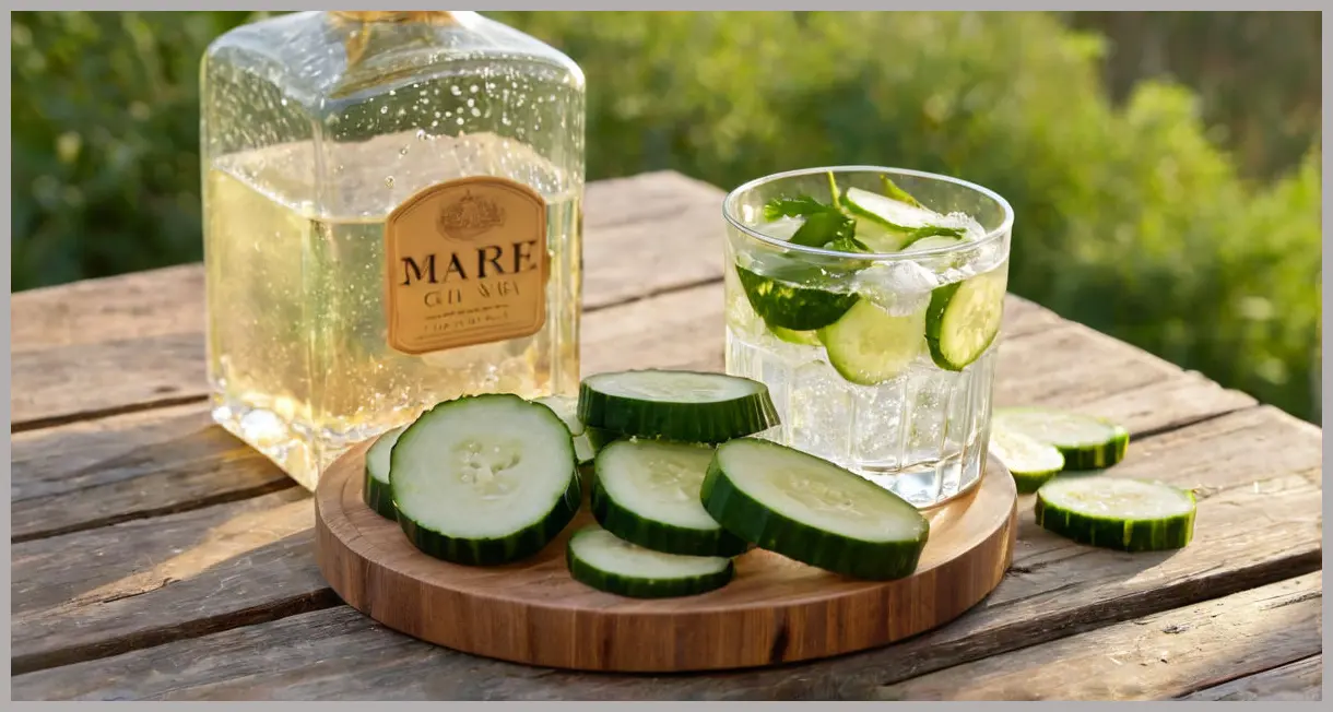A close-up view of fresh cucumber slices, a Gin Mare bottle, ice cubes, and sugar syrup, vital components for a Cucumber cooler cocktail, bathed in warm golden hour light.