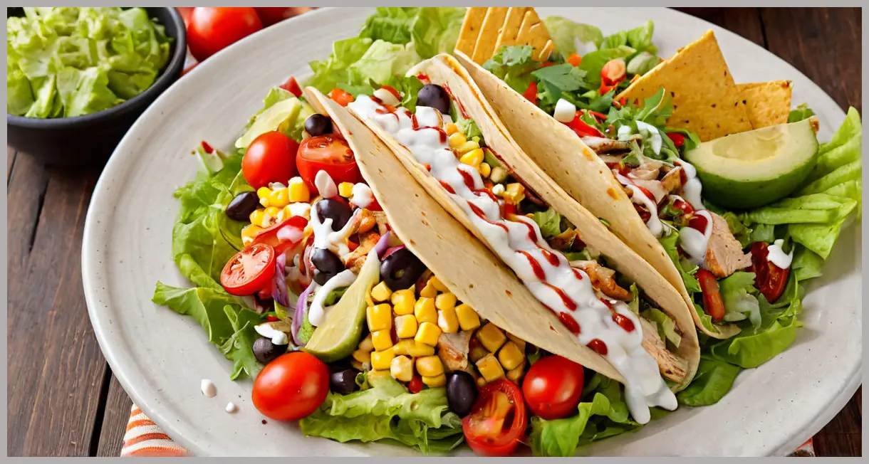 Overhead view of a Mexican chicken taco salad with crisp lettuce, grilled peppers, toasted tortillas, and lime-chili dressing. Warm golden hour lighting enhances the vibrant colors and textures.