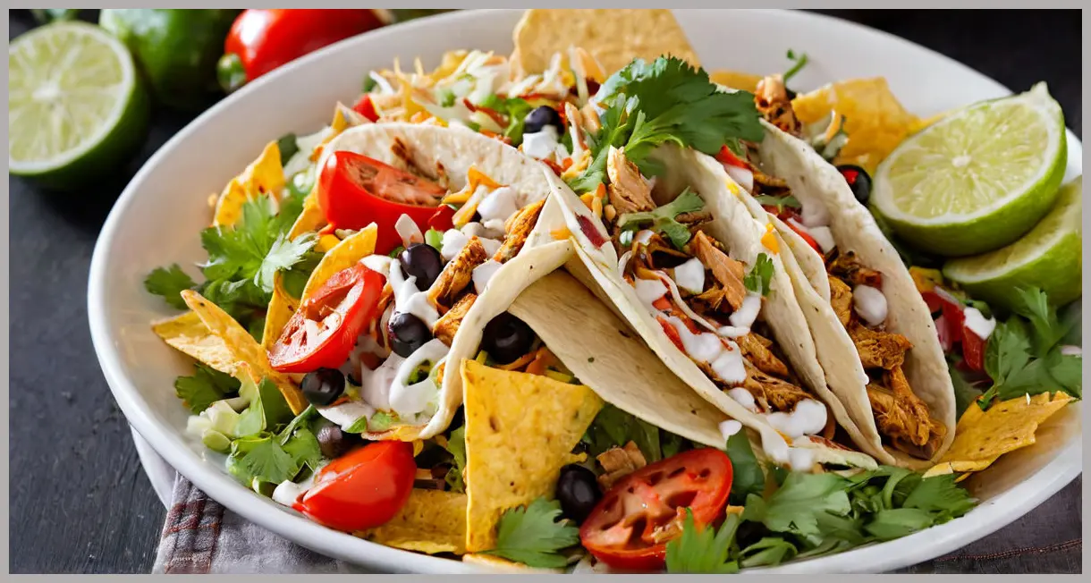 Close-up of a Mexican chicken taco salad with smoky grilled peppers, lime-chili dressed chicken, and crisp tortillas. Dramatic side lighting creates deep shadows and a moody atmosphere.