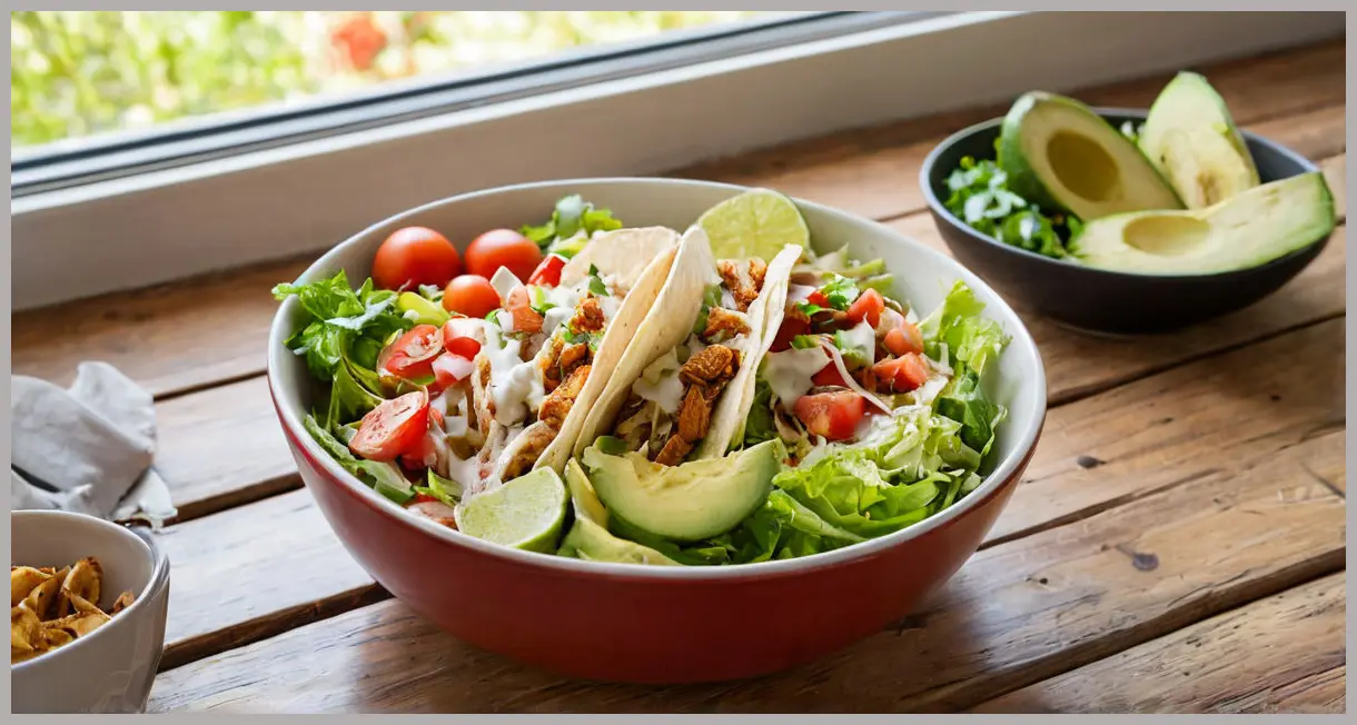 Wide-angle view of a Mexican chicken taco salad on a rustic wooden table, surrounded by fresh ingredients. Soft natural light creates a cozy, homely atmosphere.